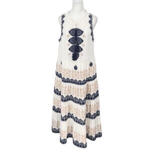 Figue Embroidered Maxi Dress Size L - White Navy Hand Embroidered Designer Dress
